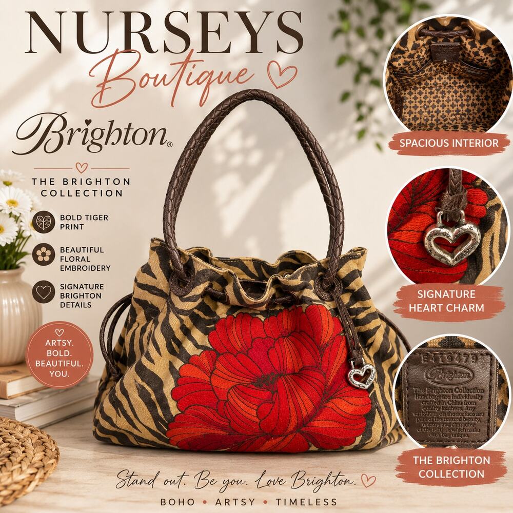 Brighton Tiger Print Floral Embroidered Drawstring Tote Bag